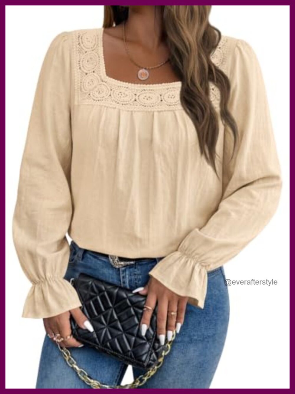 Womens Boho Eyelet Lace Square Neck Long Sleeve Blouse Top